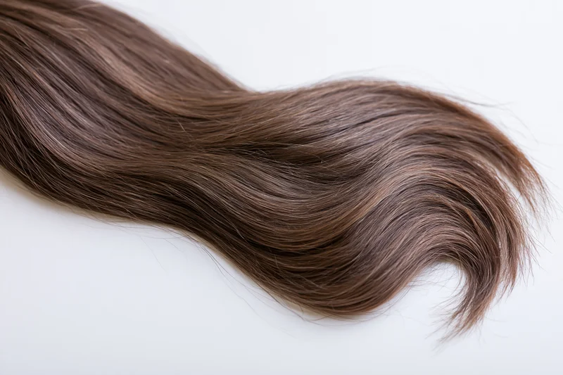 Loose wavy lock of dark ash brown human hair lying flat on white background