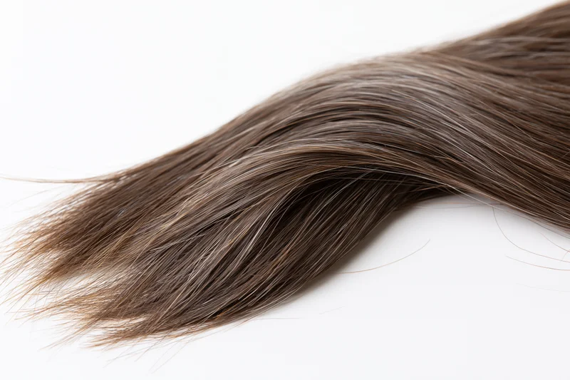Loose wavy lock of dark ash brown human hair lying flat on white background