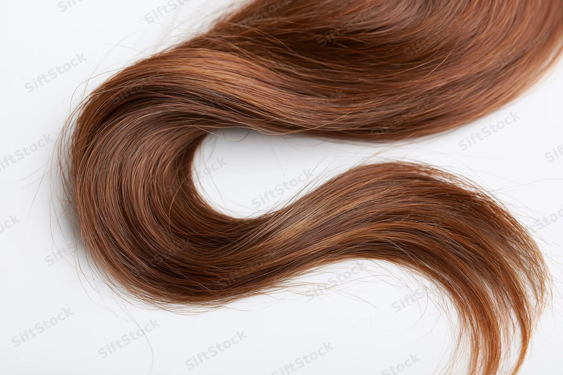 Loose wavy strand of medium brown hair with warm auburn highlights on white background