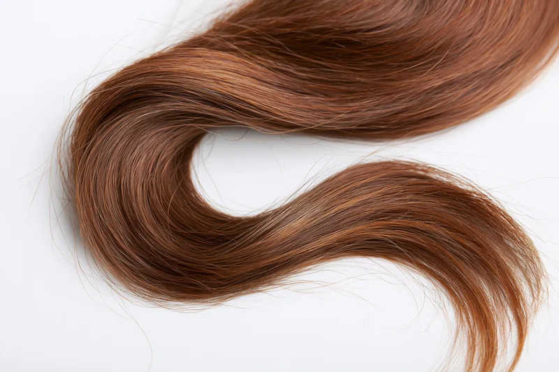 Loose wavy strand of medium brown hair with warm auburn highlights on white background