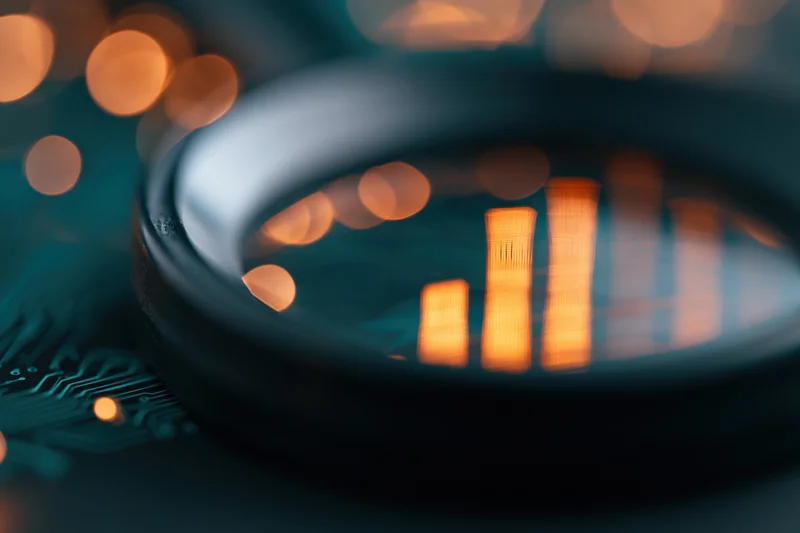Magnifying glass resting on a circuit board with glowing bar graph reflection in the lens