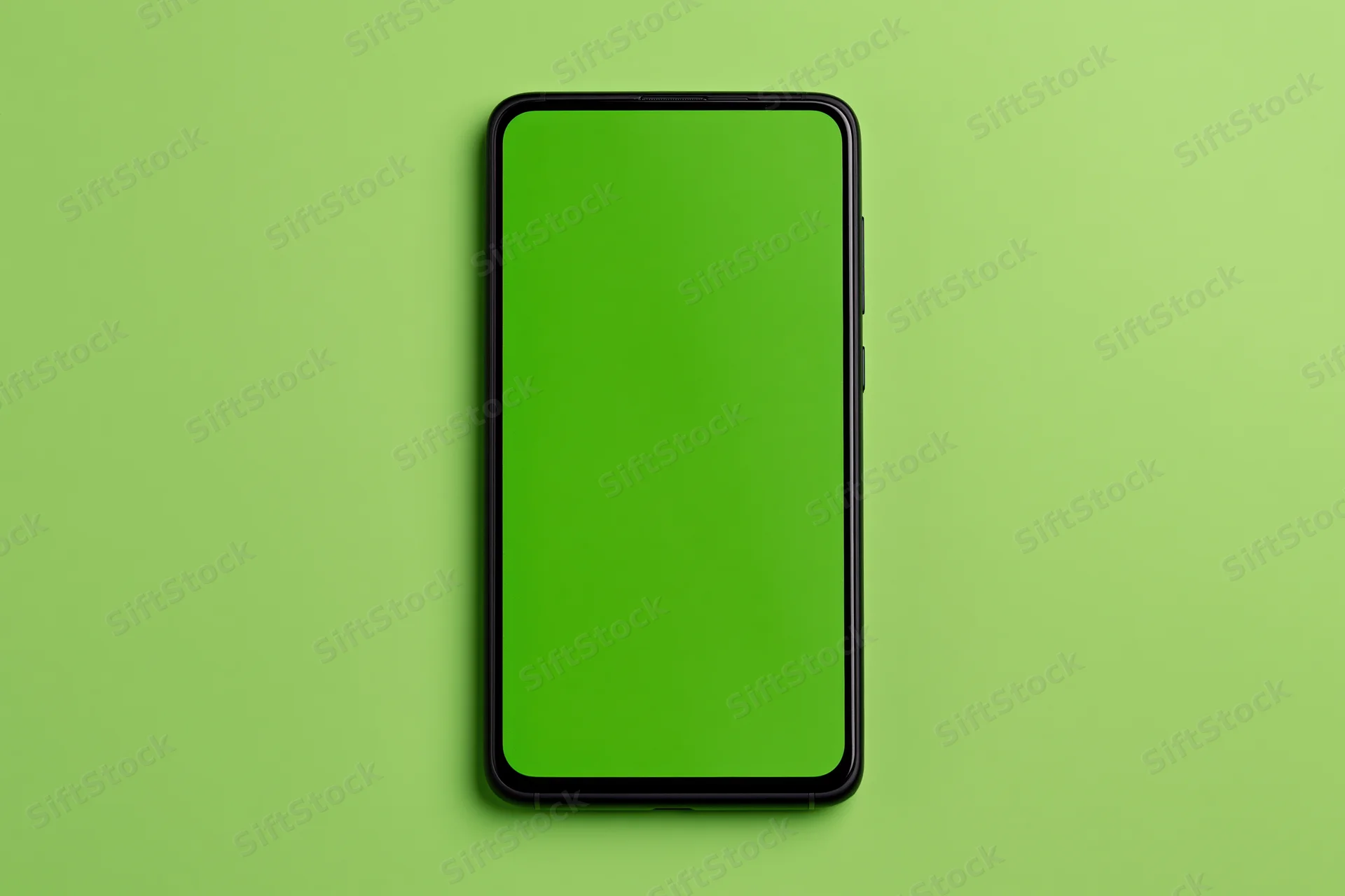 Black-framed smartphone with green screen on green background