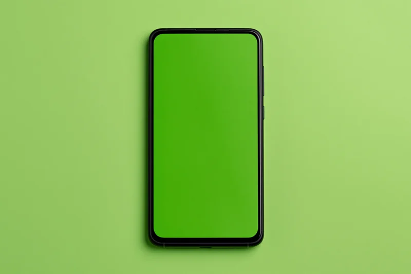 Black-framed smartphone with green screen on green background