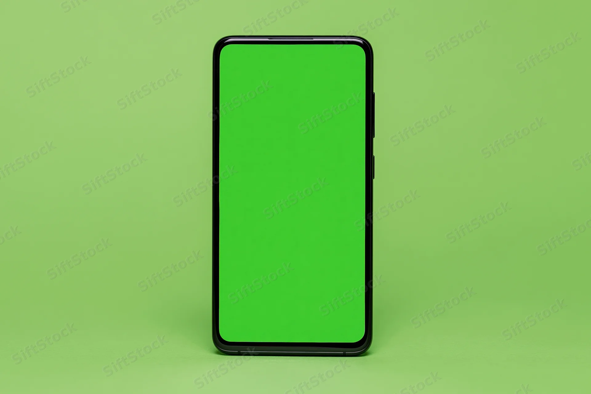 Black-framed smartphone with green screen standing on green surface