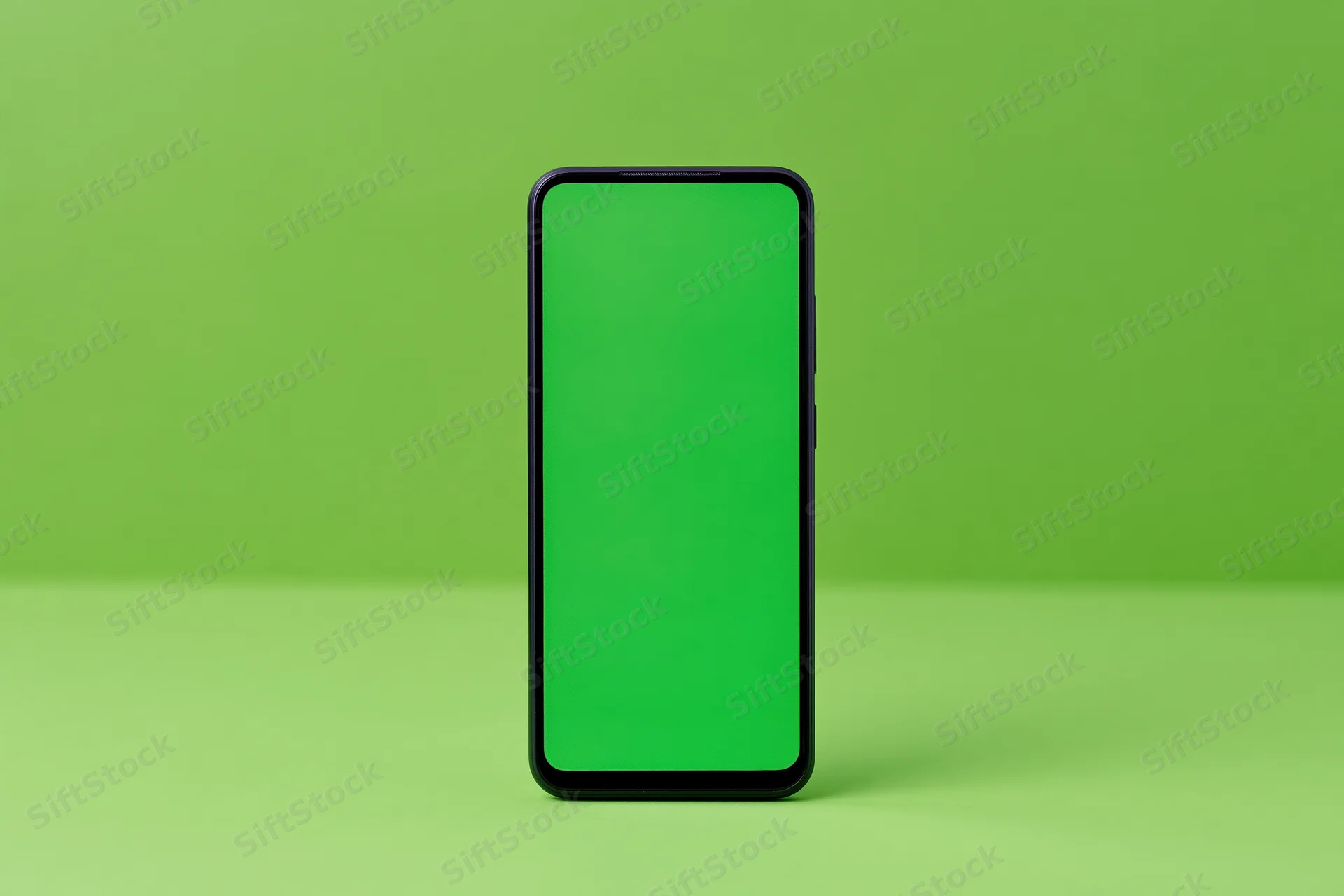 Black-framed smartphone with green screen standing upright on green surface