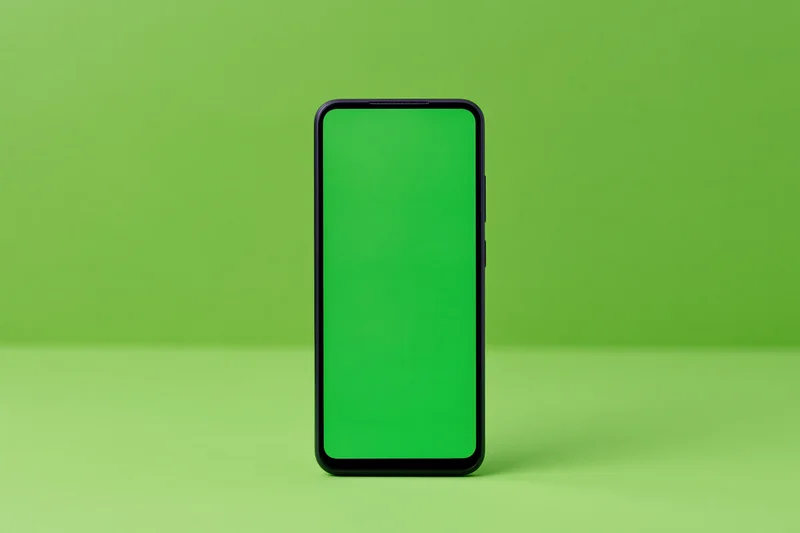 Black-framed smartphone with green screen standing upright on green surface
