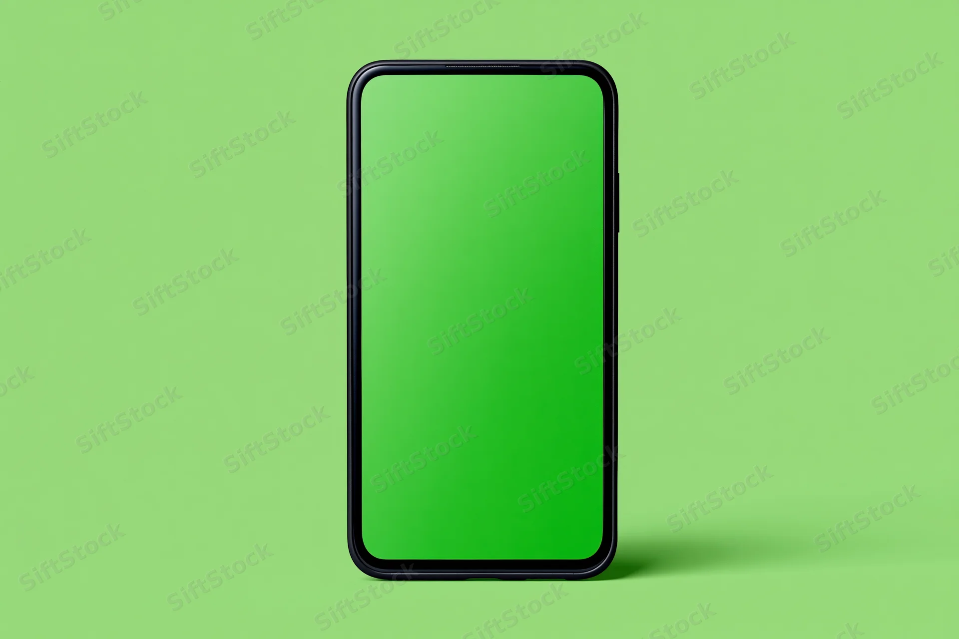 Black-framed smartphone with blank green screen on green background