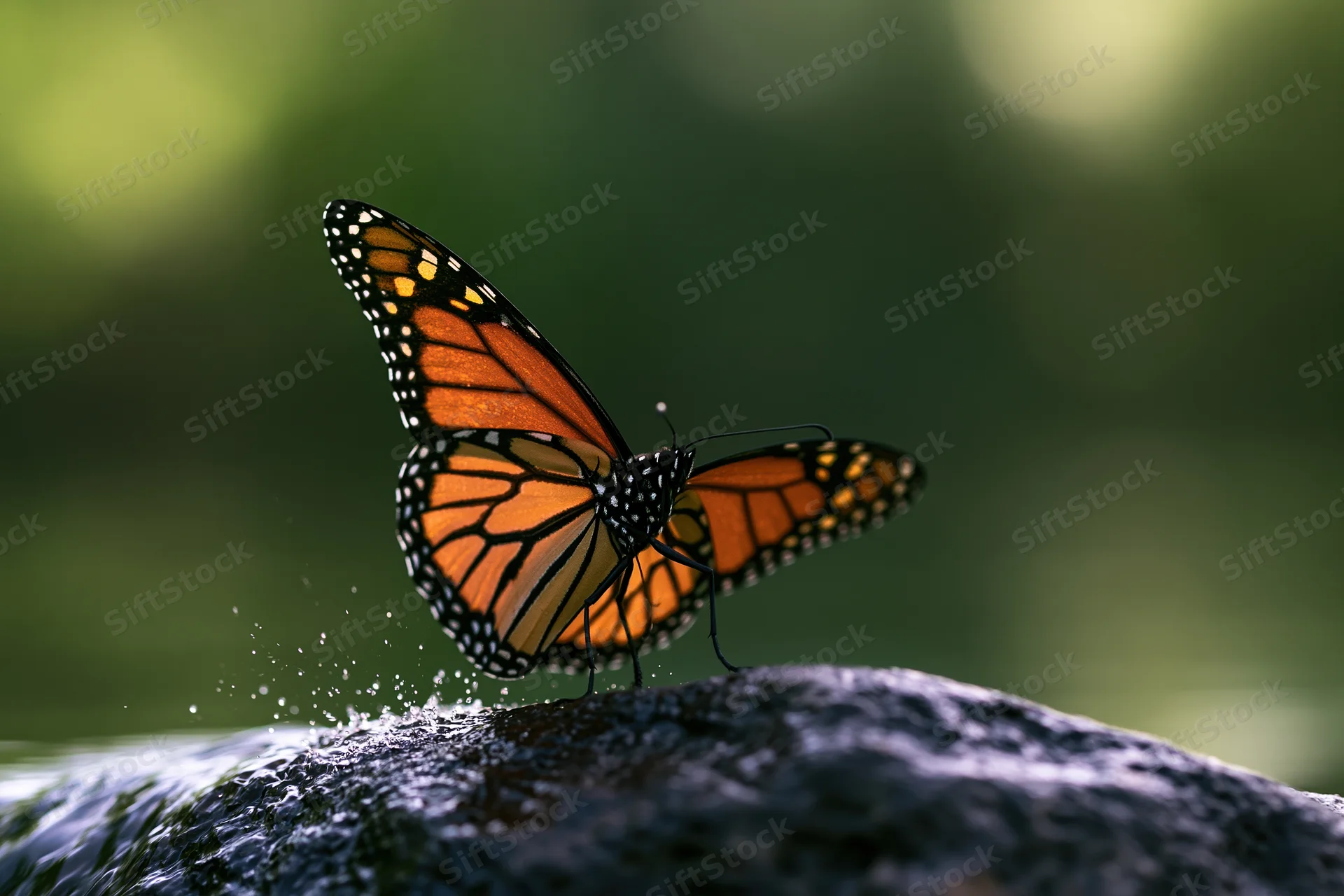 Monarch butterfly perched on wet dark river stone with water splashing around it