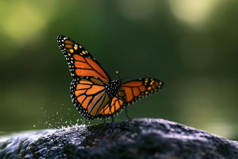 Monarch butterfly perched on wet dark river stone with water splashing around it