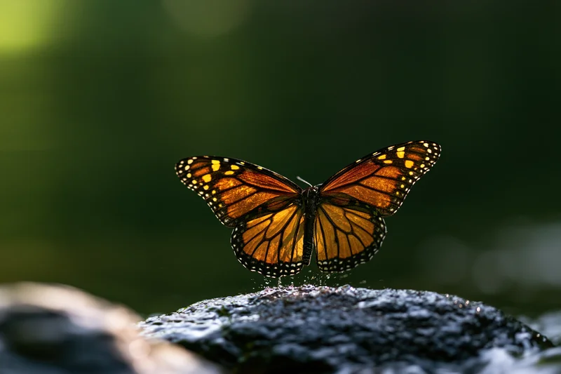 Monarch butterfly perched on a wet dark river stone with wings spread in a forest setting