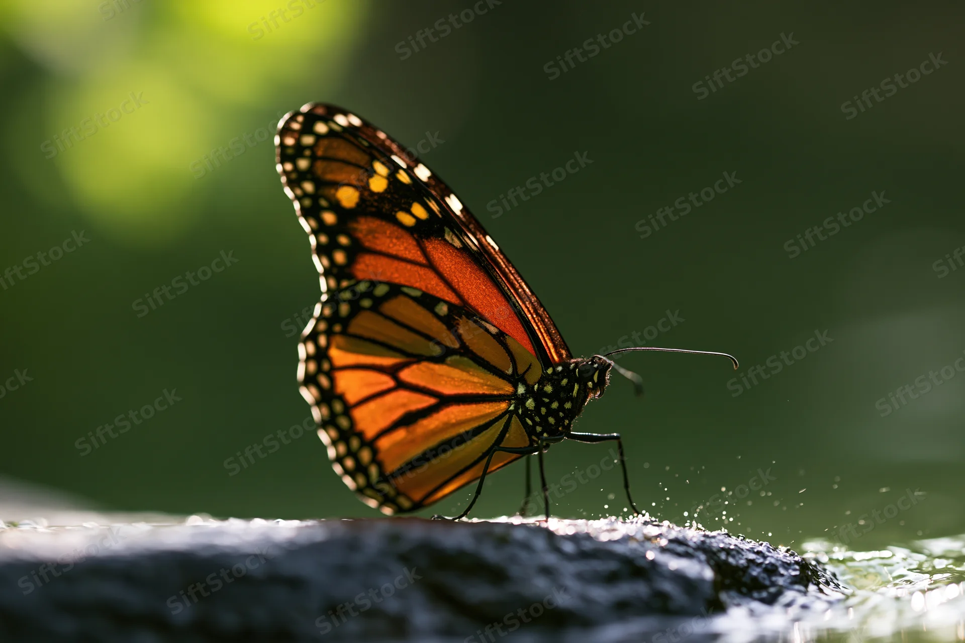 Monarch butterfly perched on wet river stone with water droplets splashing around it