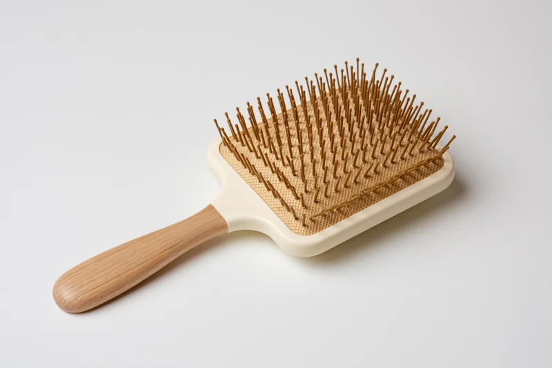 Paddle hairbrush with wooden handle and cream bristles on white background