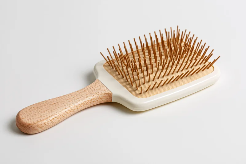 Paddle hairbrush with wooden handle and cream bristles on white background