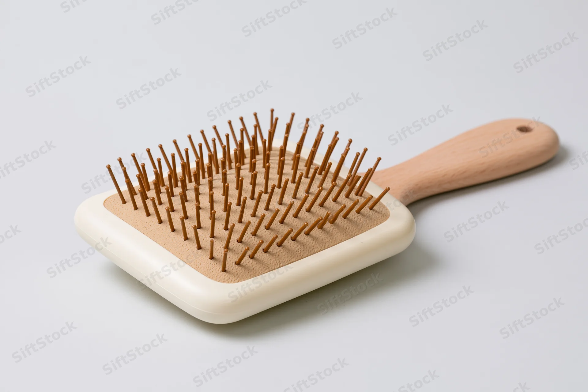 Paddle hairbrush with wooden handle and cream bristles on white background
