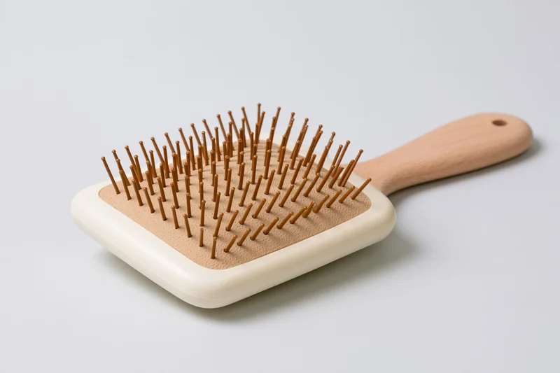 Paddle hairbrush with wooden handle and cream bristles on white background