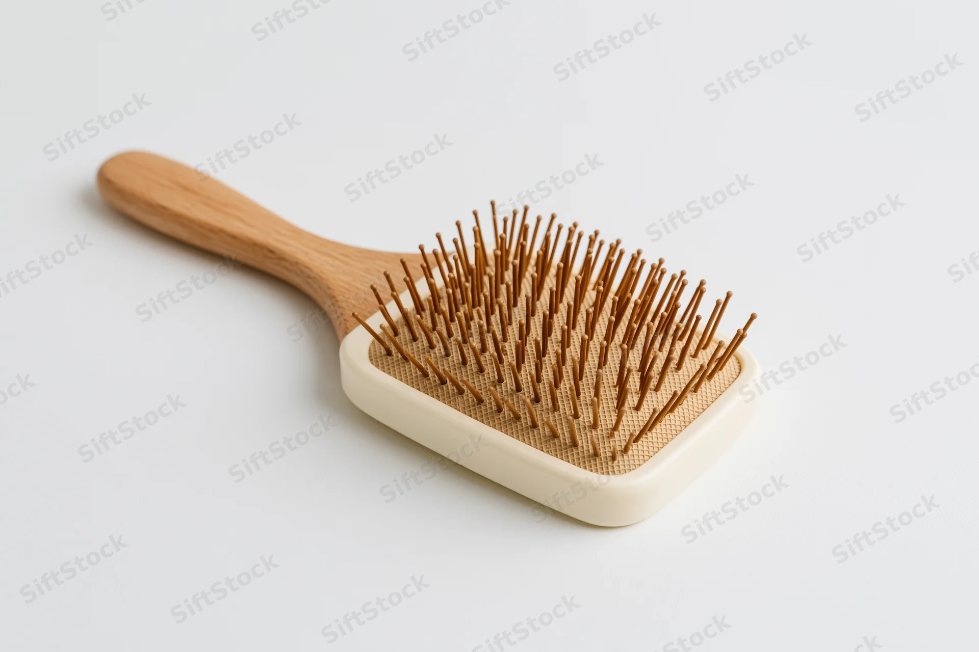 Wooden paddle hairbrush with cream base and natural bristles on white background