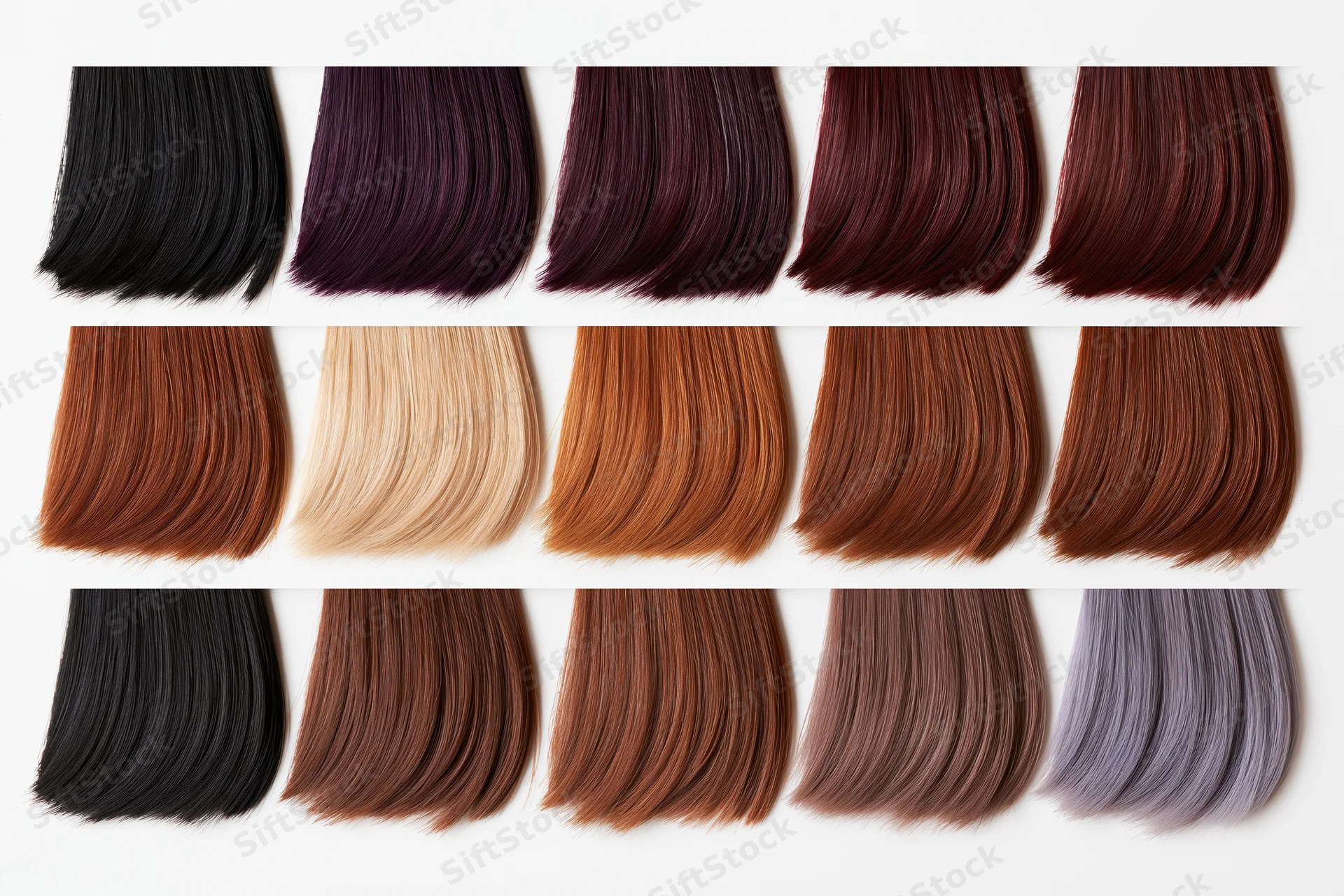 Fifteen straight hair color swatches arranged in rows on white background
