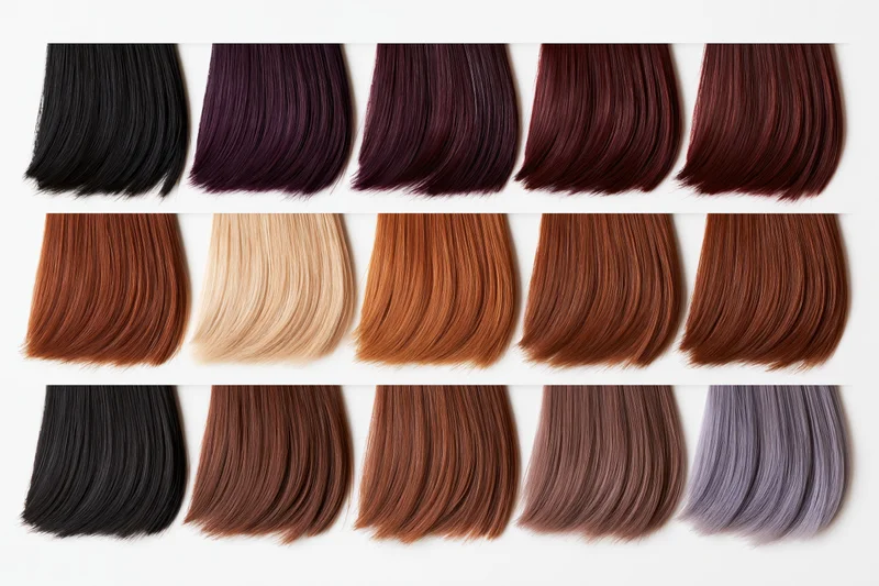 Fifteen straight hair color swatches arranged in rows on white background