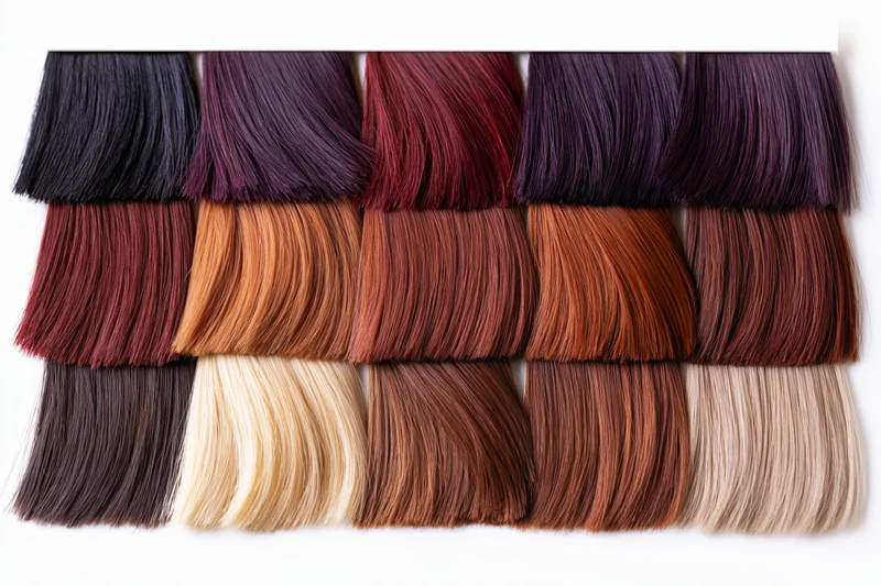 Professional hair color swatch chart displaying fifteen straight hair samples in various shades arranged in rows on white background