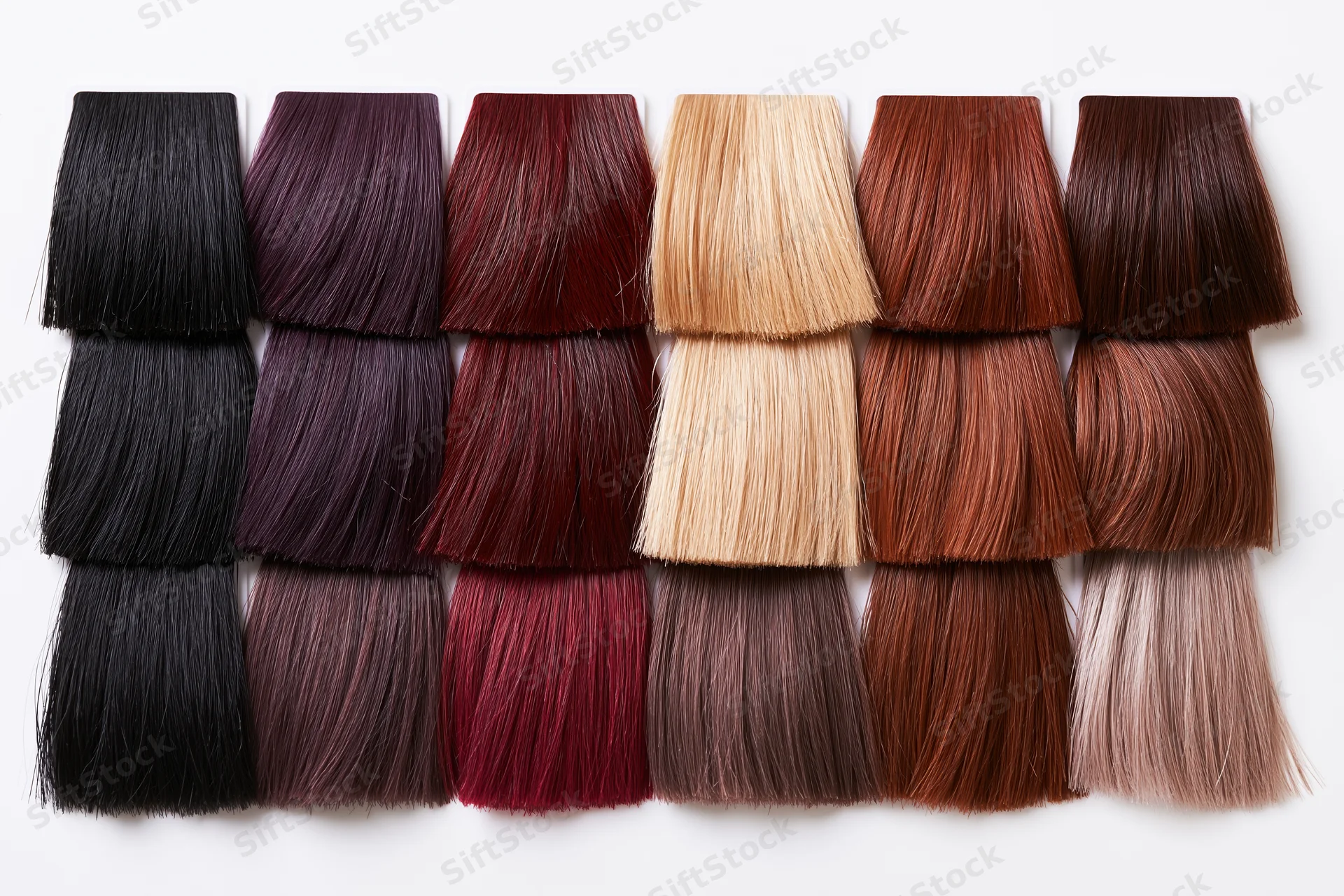 Professional hair color swatch chart with fifteen straight hair samples arranged in rows on white background