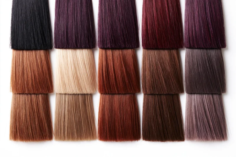 Fifteen hair color swatches arranged in rows on white background