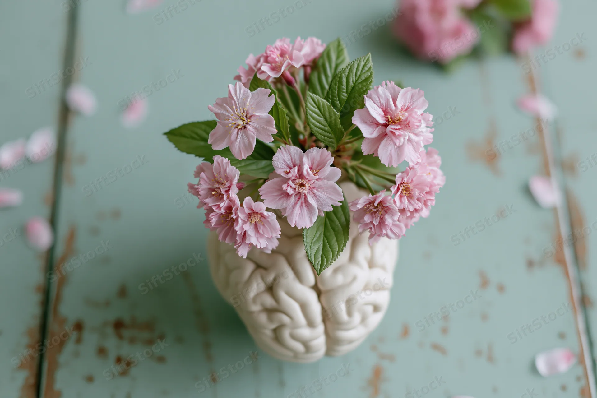 Sculptural brain model holding pink cherry blossoms on a mint wooden table