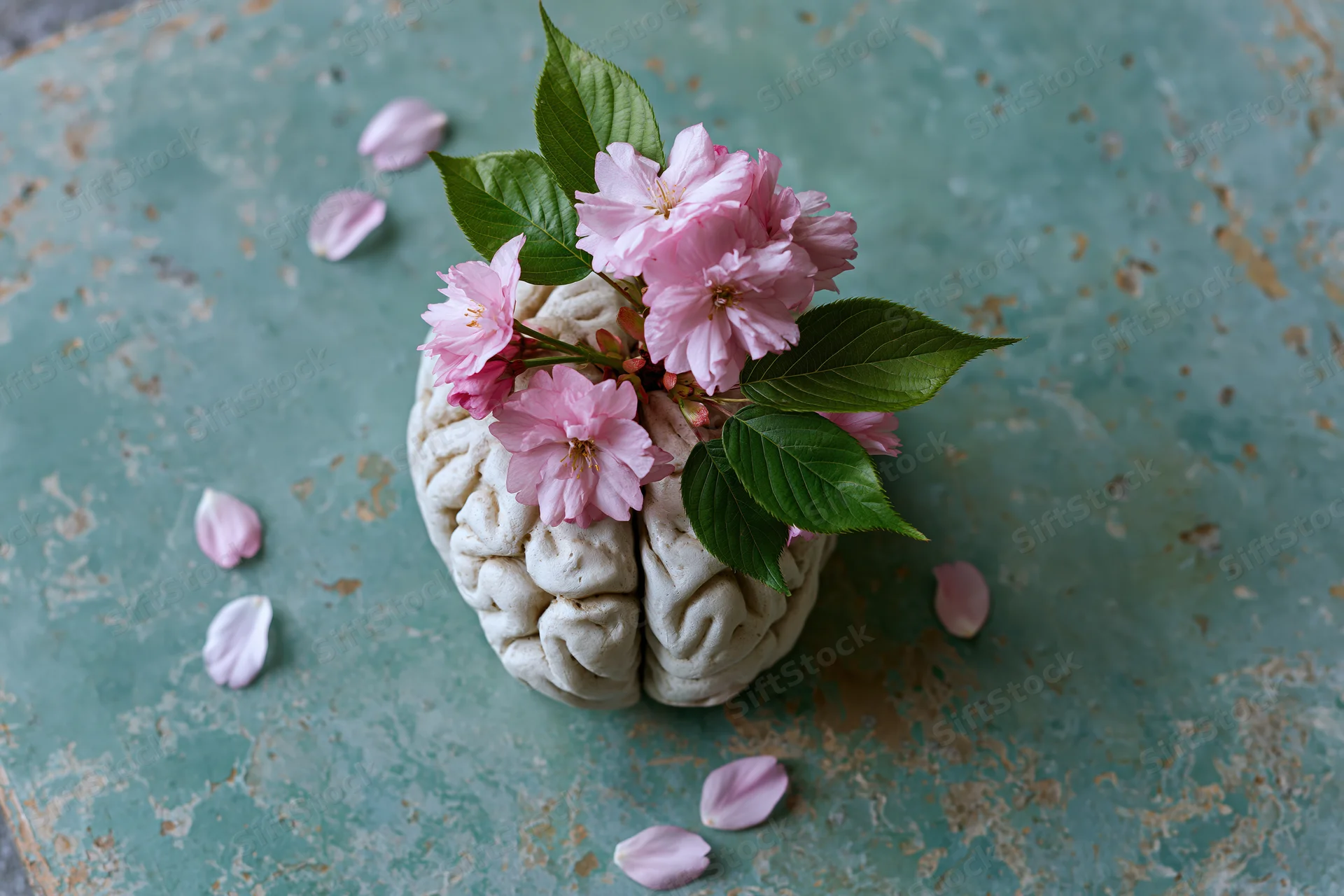 Sculptural human brain model adorned with pink cherry blossoms and green leaves on a weathered teal surface