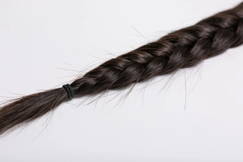 Dark brown-black hair braid laid flat diagonally on white background with elastic band securing end