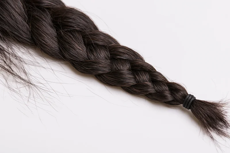 Closeup of a dark brown-black hair braid laid flat on white background, secured with black elastic band