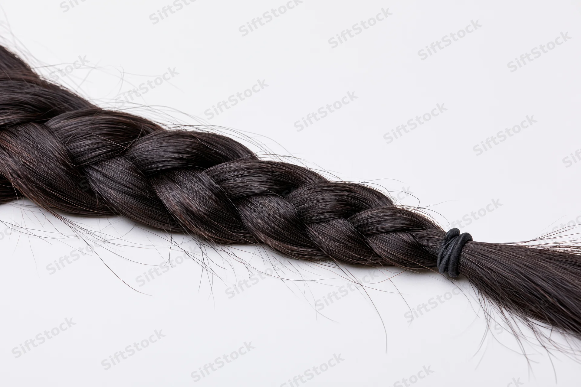 Dark brown-black hair braid laid flat diagonally on white background secured with black hair tie