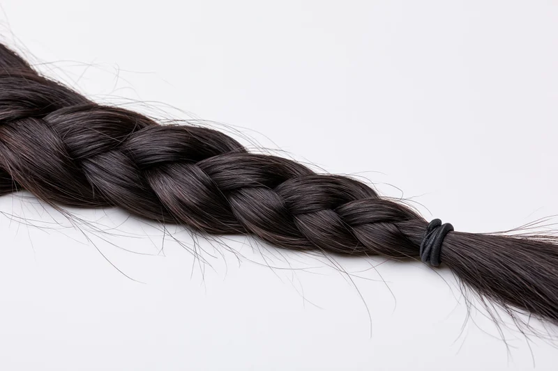 Dark brown-black hair braid laid flat diagonally on white background secured with black hair tie
