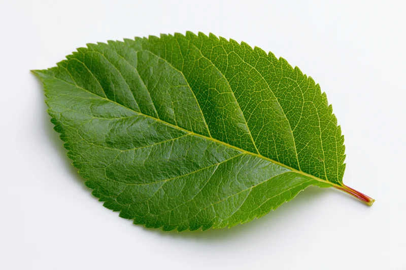 Single fresh green apple leaf isolated on white background