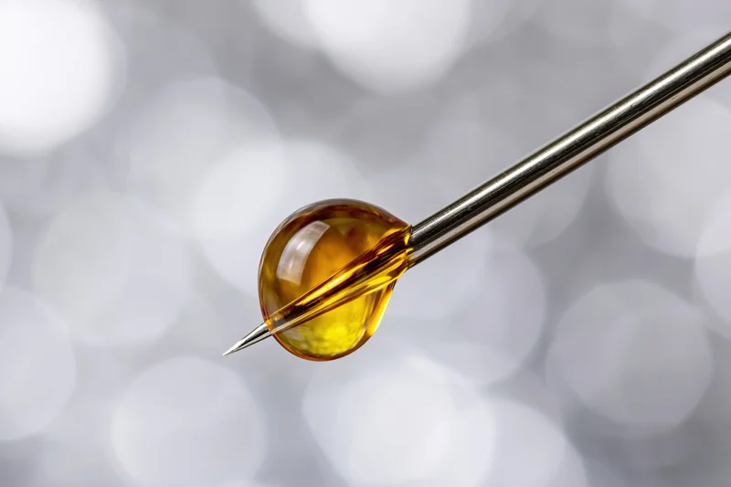 Golden oil droplet suspended on a sharp needle tip against a blurred white background