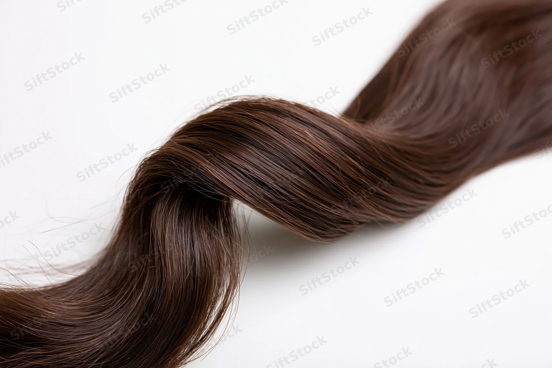 A single loose curl of dark brown hair arranged in an s-wave on a white background