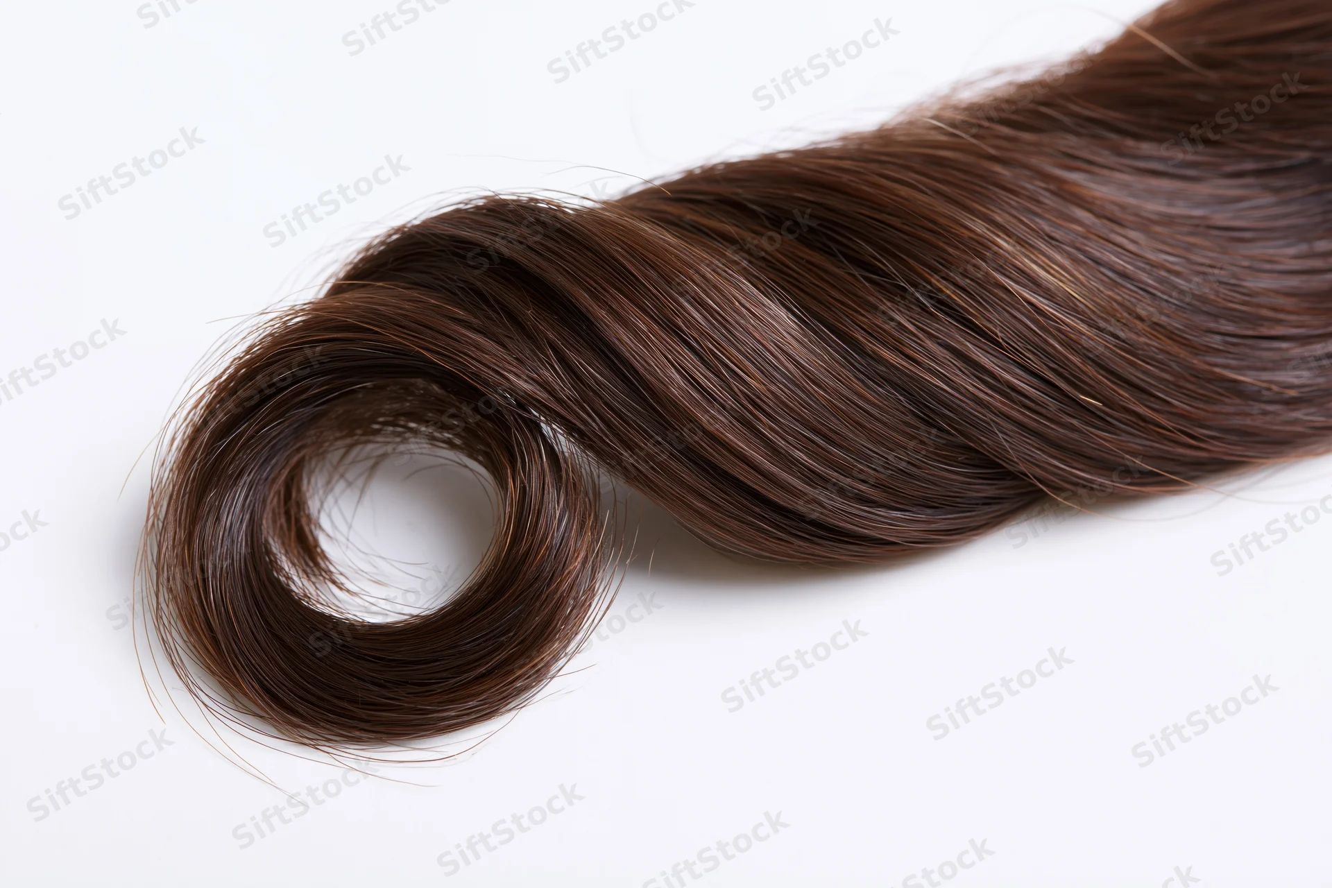 A single loose curl of dark brown hair arranged in an s-wave on a white surface