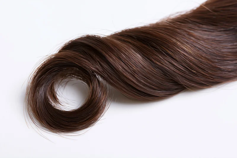 A single loose curl of dark brown hair arranged in an s-wave on a white surface