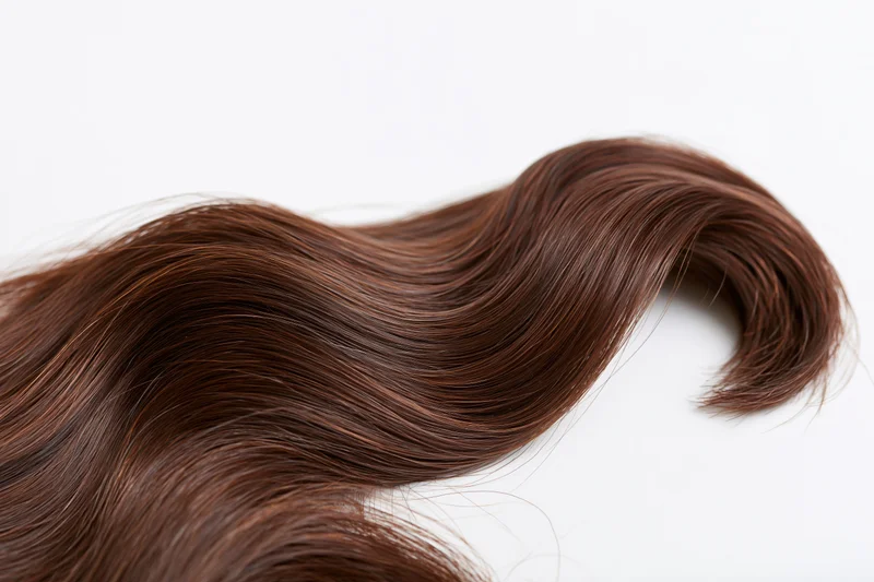 A single loose curl of dark brown hair arranged in an s-wave on a white background