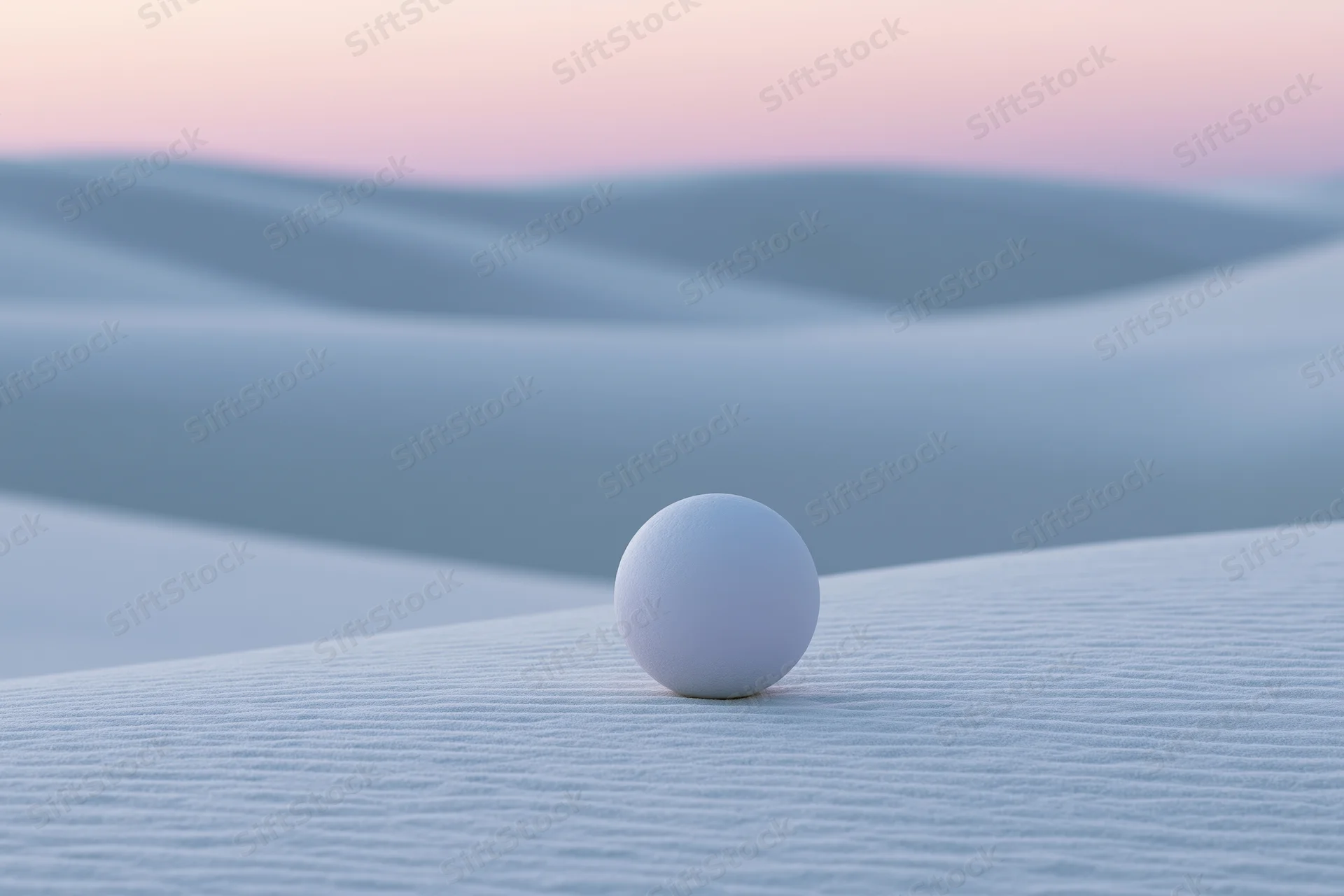 Matte white sphere resting on crest of smooth sand dune in desert landscape at dawn