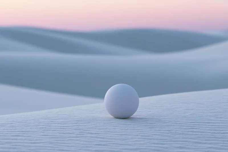 Matte white sphere resting on crest of smooth sand dune in desert landscape at dawn