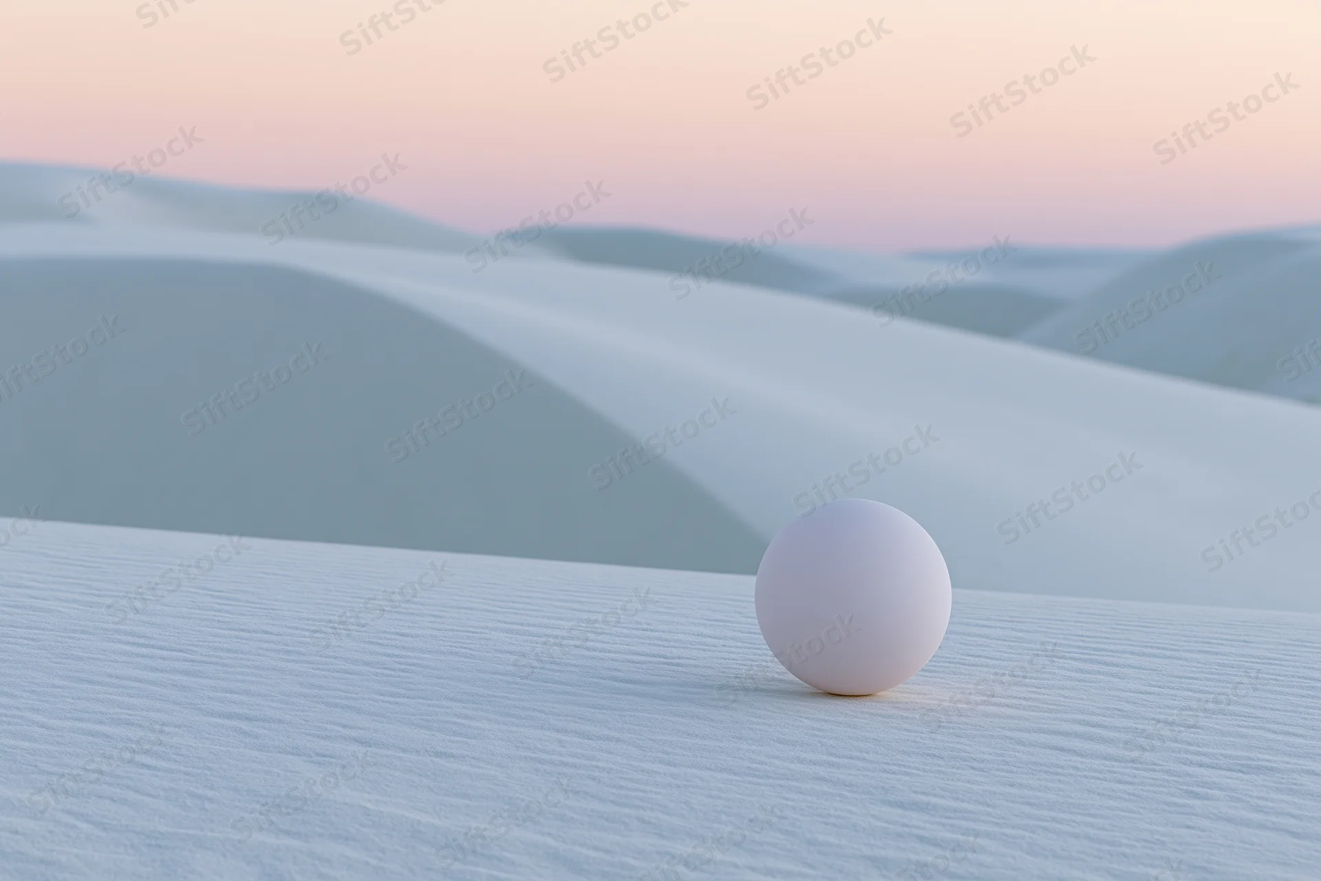 Matte white sphere resting on the crest of a smooth sand dune in a vast desert landscape at twilight