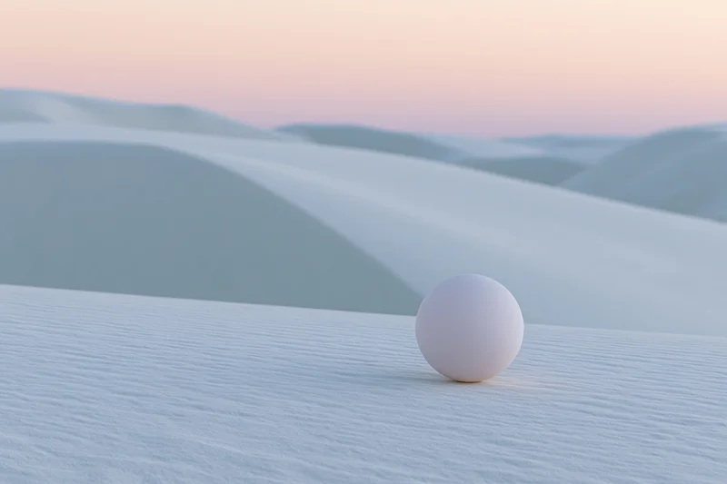 Matte white sphere resting on the crest of a smooth sand dune in a vast desert landscape at twilight