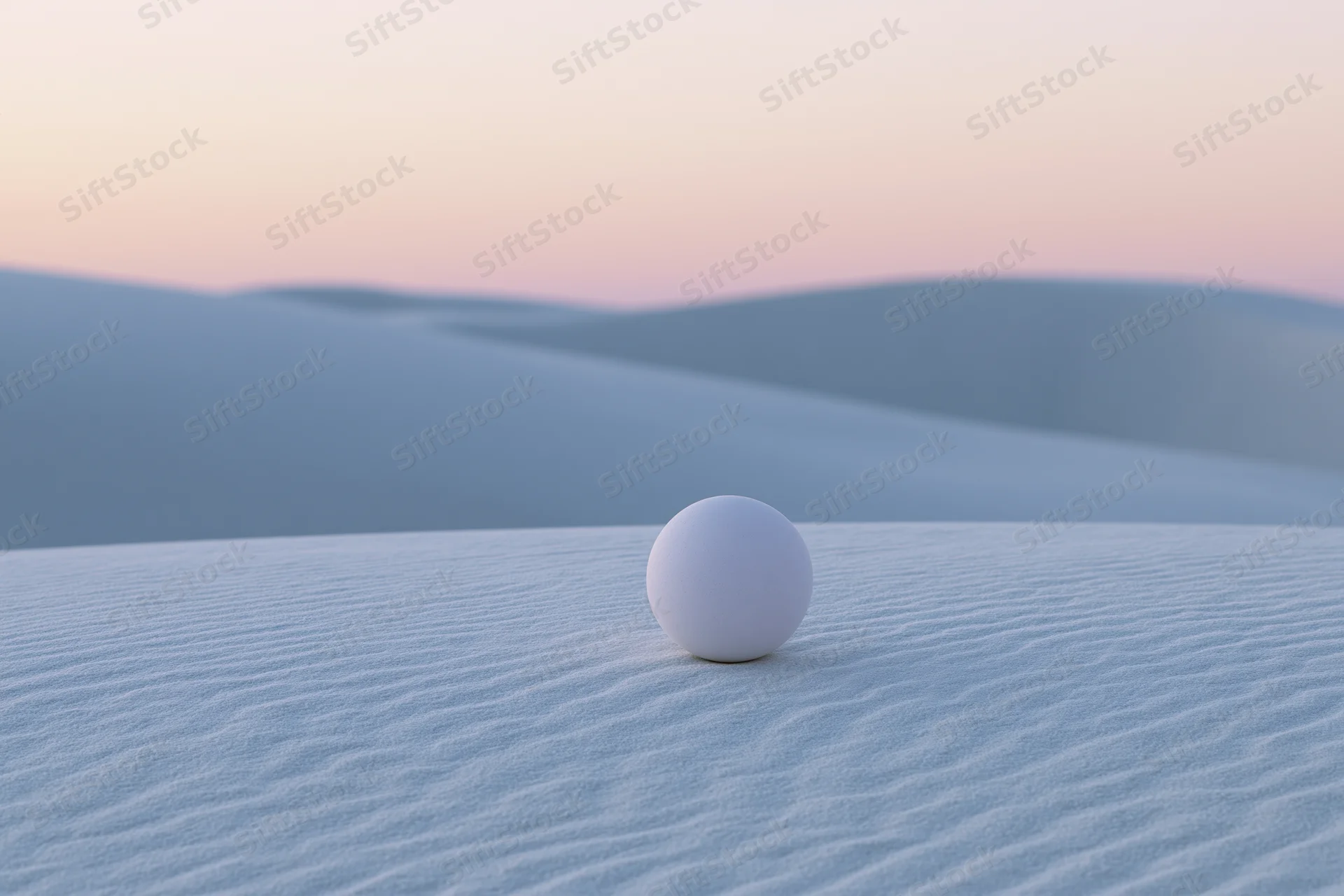 Matte white sphere resting on a smooth sand dune in a desert landscape at twilight