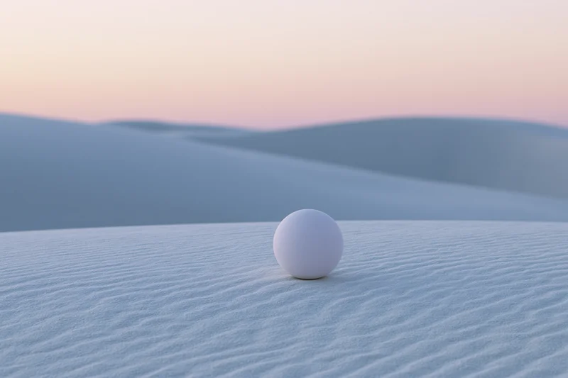 Matte white sphere resting on a smooth sand dune in a desert landscape at twilight
