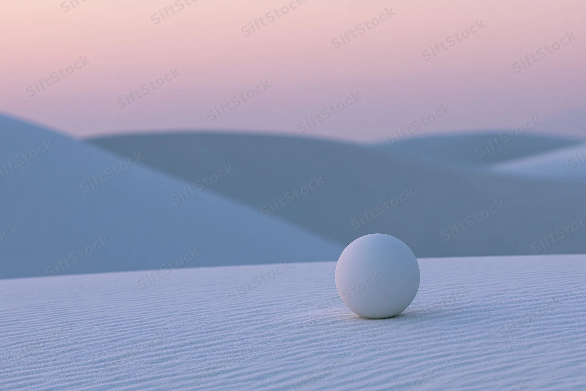 Matte white sphere resting on rippled sand dune in desert at twilight