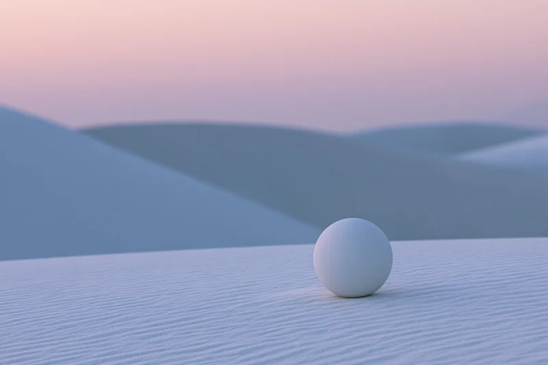 Matte white sphere resting on rippled sand dune in desert at twilight