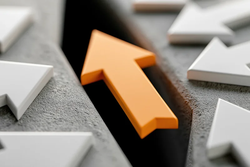 Orange arrow bridging black gap in concrete surface surrounded by white arrows