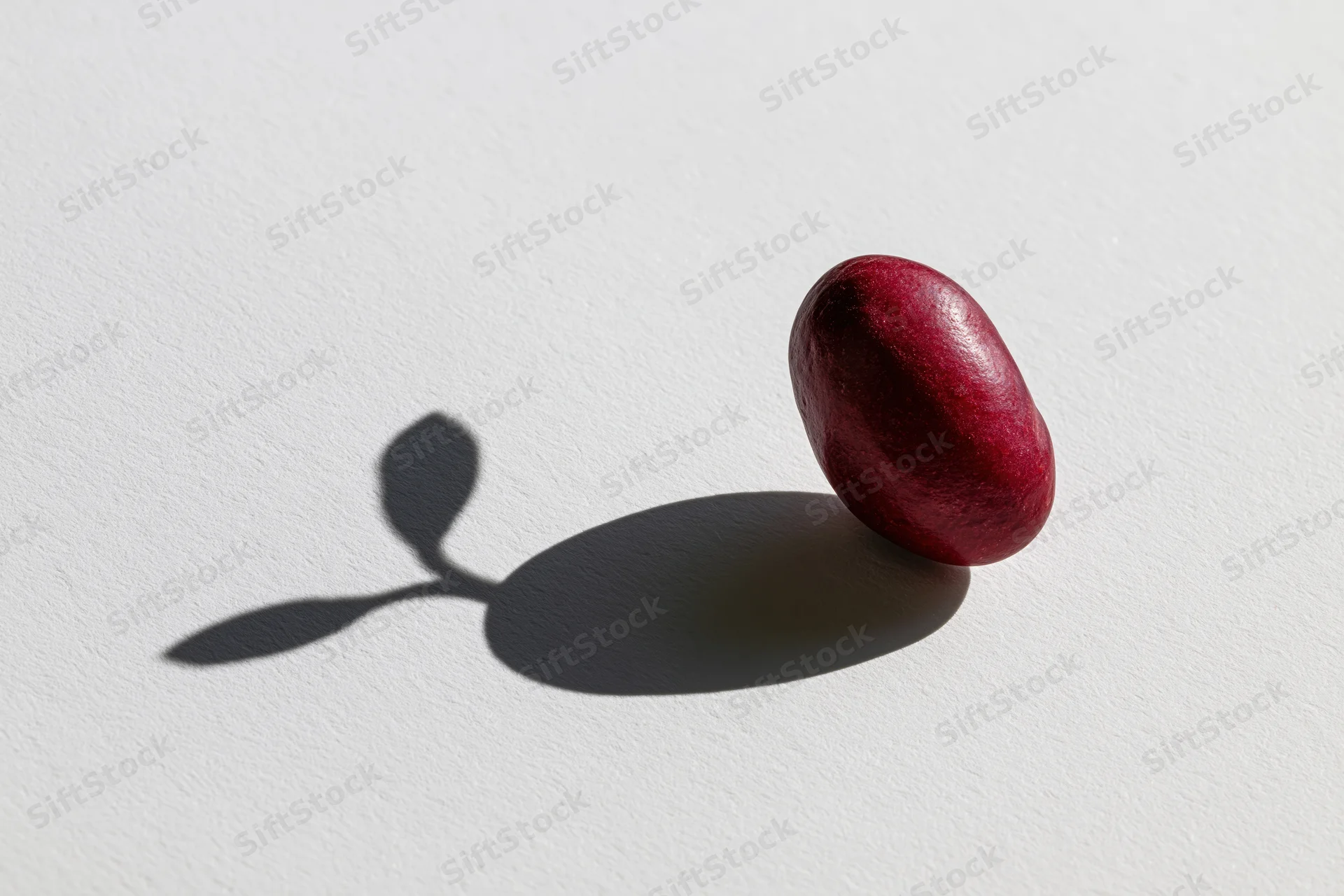 Single red kidney bean standing upright on white surface casting a shadow shaped like a sprout
