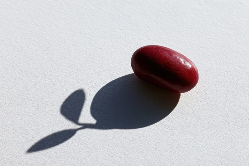 Single red kidney bean resting upright on plain white surface casting a shadow shaped like a sprout