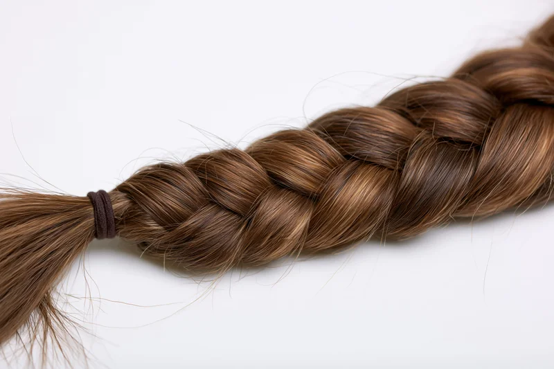 Thick brown french braid lying horizontally on white surface