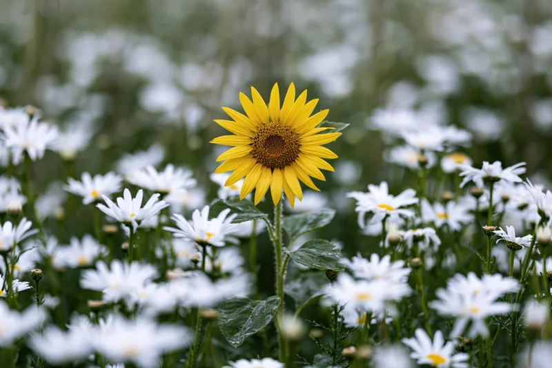 Single yellow sunflower standing among white daisies in a garden field